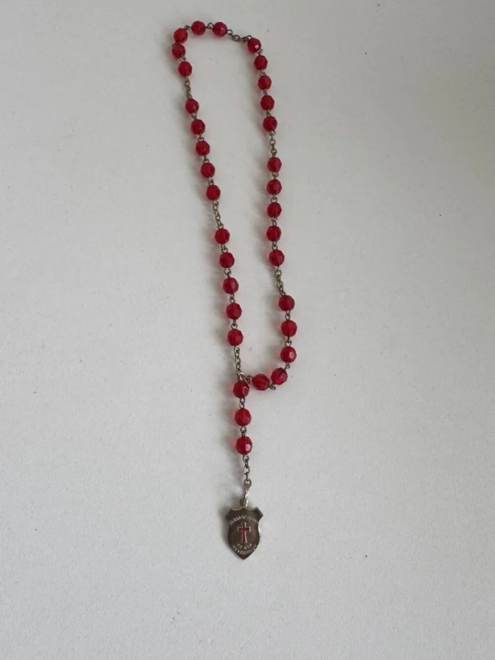 Vintage Red Glass Rosary Blood of Jesus Cross Medal Exodus 12:13 Prayer Beads